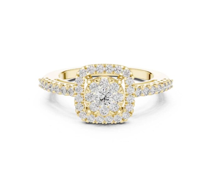 Yellow Gold Moissanite Halo Engagement Ring Dainty Bridal Jewelry with Sparkling Round Cut Center Stone Elegant Engagement and Wedding Ring