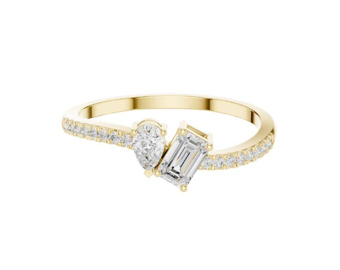 Luxury Toi et Moi Ring Pear and Emerald Cut Diamond Ring with pave band Unique Bridalset Ring Dainty Minimalist Promise Ring Gift for Her