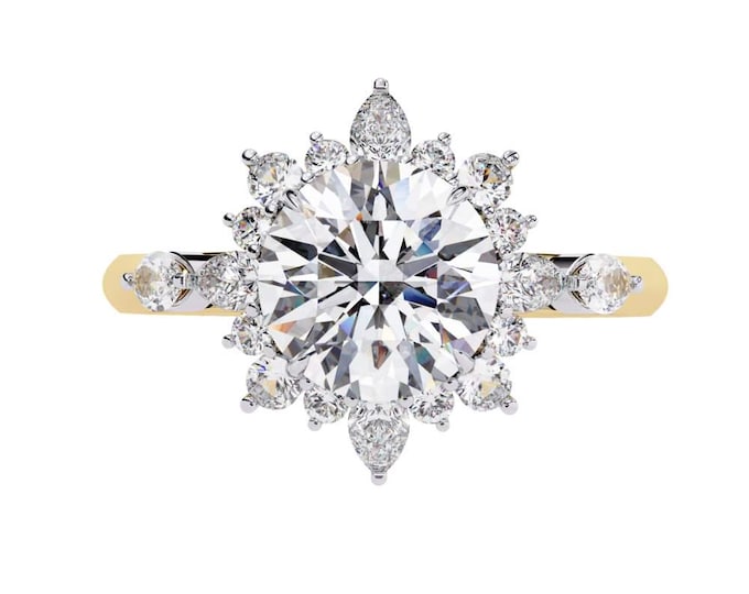 Floral Halo Moissanite Engagement Ring: Vintage Diamond Petal Design