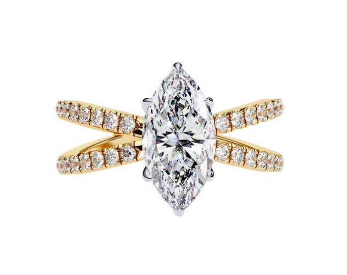 Marquise Diamond Ring Criss Cross Pave Band in Gold, Rose Gold, Silver Solitaire Unique Wedding Ring Anniversary Gift Elegant Fine Jewelry