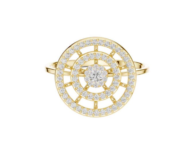 Round Moissanite Geometric Circle Ring Crystal Halo Statement Ring Modern Design Dainty Cocktail Ring Unique Ring for Women Gift for Her