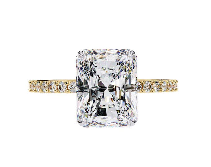 Radiant Cut Moissanite Engagement Ring 14K Yellow Gold Pavé Band Elegant Solitaire Ring Dainty Proposal Ring Handmade Ring for Her