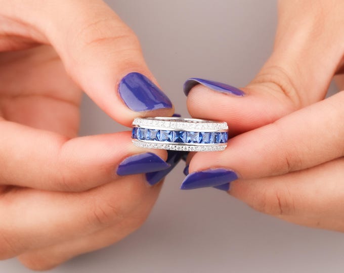 Blue 3.15 CT Sapphire Eternity Band Ring Sterling Silver Full Eternity Ring Stackable Birthstone Ring Anniversary or Wedding Gift for Her