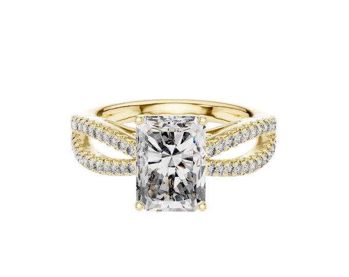 Radiant Cut Moissanite Engagement Ring: Split Band, Sterling Silver or Gold