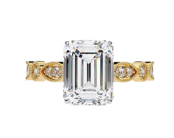 Emerald Cut Moissanite Engagement Ring: Vintage-Inspired 14K Yellow Gold Band