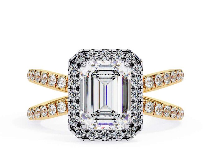 Emerald Cut Halo Diamond Ring with Criss Cross Pave Band Elegant Solitaire Ring Luxury Wedding Ring Classic Fine Handmade Bridal Jewelry