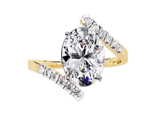 Oval Cut Moissanite Ring in Yellow Gold Unique Wrap Around Band with Accent Stones Elegant Alternative Diamond Bridal ring Jewelry for Her
