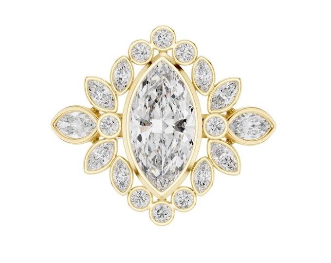 2.11 CT Exquisite Marquise Cut Diamond Cluster Ring with Floral Halo Bezel Setting in  Yellow Gold Vintage Inspired Statement Bridal Jewelry