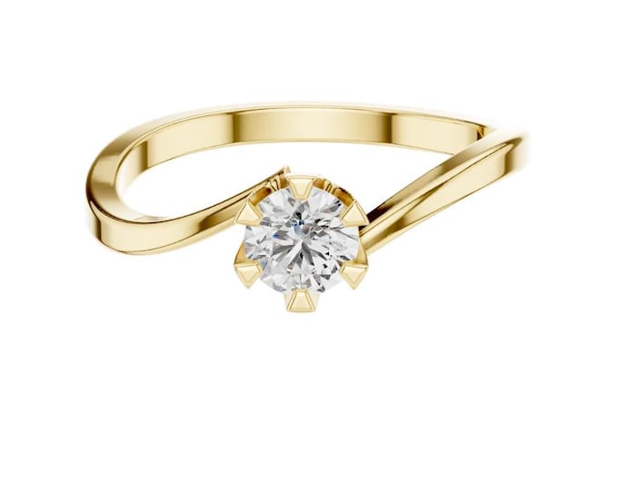 Perfect Elegant Gold Solitaire Diamond Ring with Twisted Bypass Band Six Prong Round Cut Engagement Ring Minimalist Promise Ring for Women