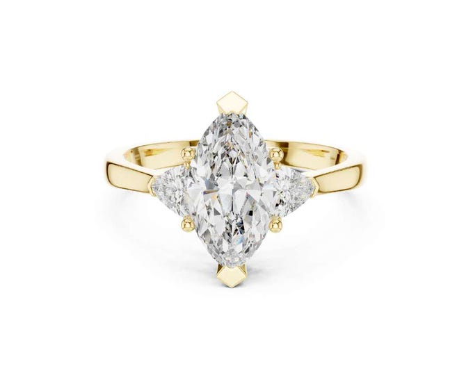 Three Stone Marquise Cut Engagement Ring 14K Yellow Gold Diamond Ring Trillion Side Stone Unique Vintage Inspire Bridal Jewelry Wedding Ring