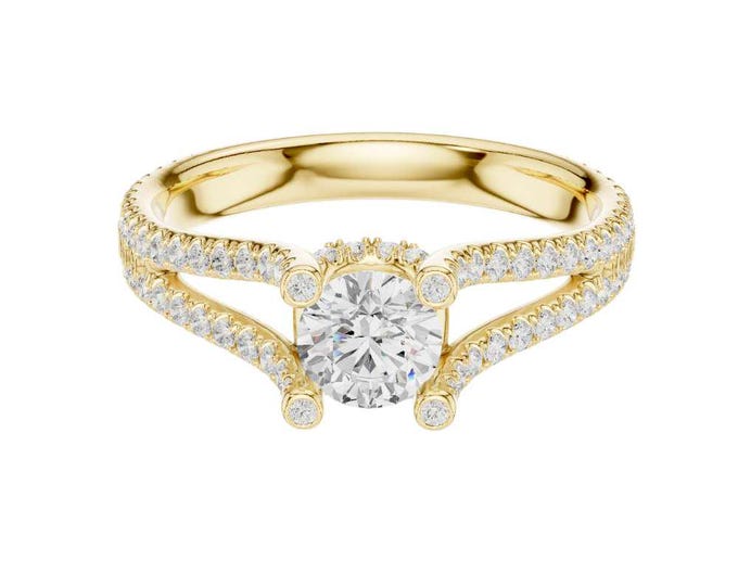 Stylish Round Moissanite Solitaire Ring with Split Shank Pave Diamond Band in Gold, Rose Gold, Silver Classic Bridal Wedding Jewelry Gift