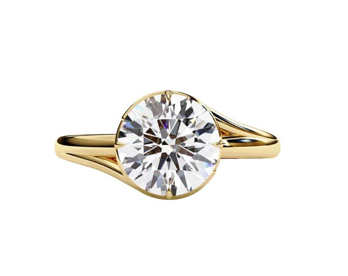 Sleek Modern Brilliant Round Bezel Set Moissanite Ring in Yellow Gold Solitaire Engagement Ring Minimalist Unique Bridal Jewelry Gift