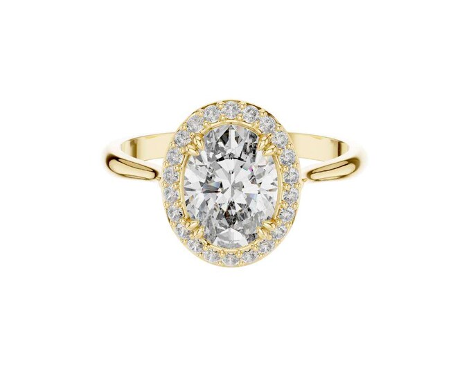 Oval Moissanite Halo Engagement Ring: Handmade Yellow Gold Bridal Jewelry