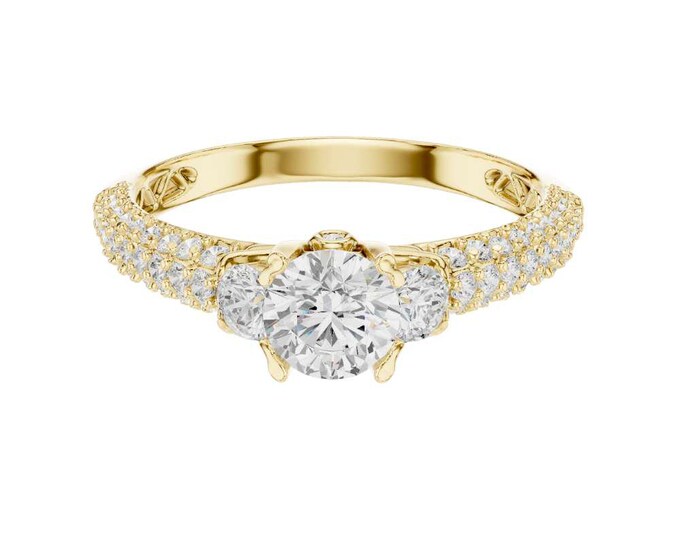 1.22 CT Three Stone Moissanite Engagement Ring Gold Round Cut Trio Design Pave Diamond Band Dainty Handmade Bridal Anniversary Jewelry