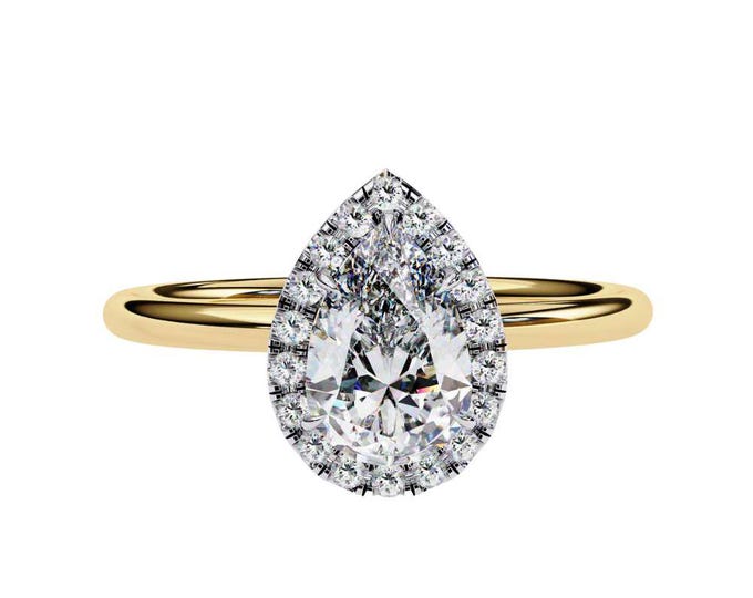 Teardrop Pear Halo 1.35 TCW Moissanite Ring Dainty Solitaire Bridal Ring with Diamond Accent Fine Wedding Jewelry Anniversary Gift for Her