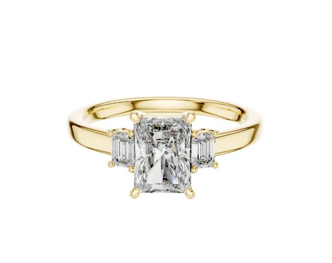 Radiant Cut Three Stone Engagement Ring with Baguette Side Diamonds Gold Band Classic  Elegant Moissanite Bridal Ring Wedding Anniversary