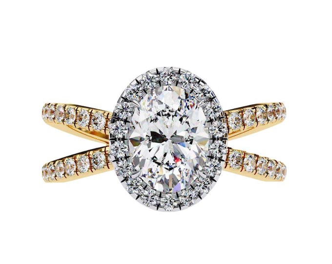 Stunning Oval Cut Halo Diamond Ring with Criss Cross Pave Band Elegant Solitaire Ring Luxury Wedding Band Fine Anniversary Jewelry Gift