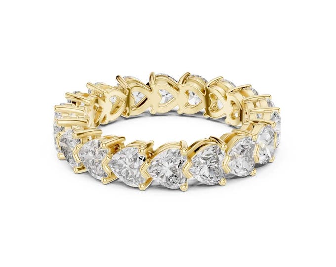 Sustainable Gold Eternity Band Ring with Round Cut Simulated Diamonds Heart Prong Setting Yellow Gold Full Eternity Ring  Stacking