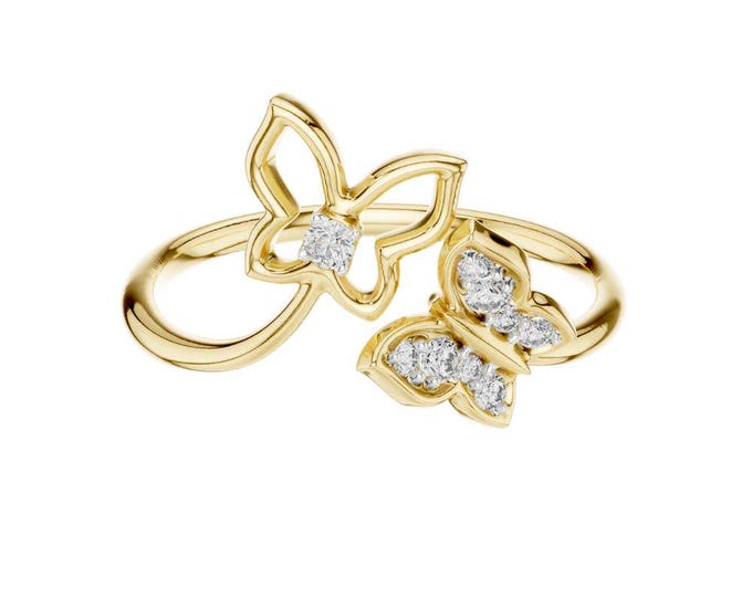 Elegant 14K Gold Double Butterfly Ring with Diamond Accents Nature-Inspired Dainty Ring for Women Whimsical Gold Fashion Jewelry