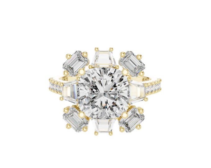 Vintage Floral Inspired Cushion Cut diamond cluster engagement ring with baguette accents in gold bold bridal jewelry anniversary gift