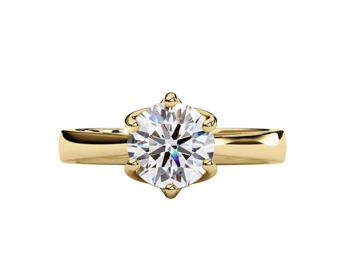 Minimalist Bridal Round Brilliant Moissanite Solitaire Engagement Ring in Yellow Gold Classic Six Prong Setting Timeless Jewelry Gift