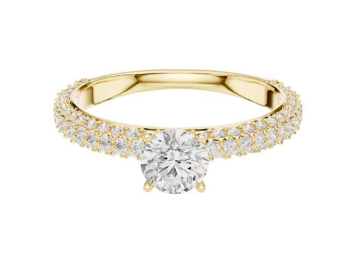 Luxury Round Cut Moissanite Engagement Ring with Diamond Pave Band 14K Yellow Gold Elegant Solitaire Bridal Jewelry Anniversary Gift for Her
