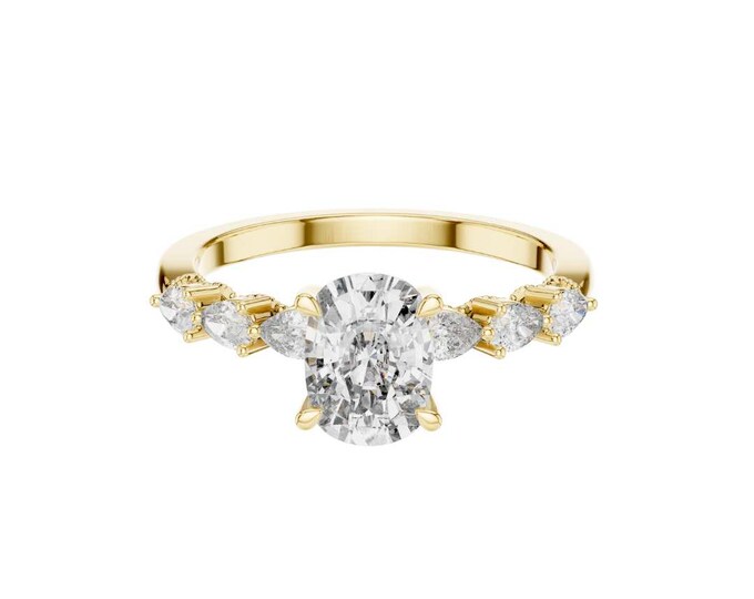 Stunning Oval Cut Diamond Engagement Ring with Side Accent Stones Set in Gold Timeless Solitaire Moissanite  Ring Customizable Ring Size