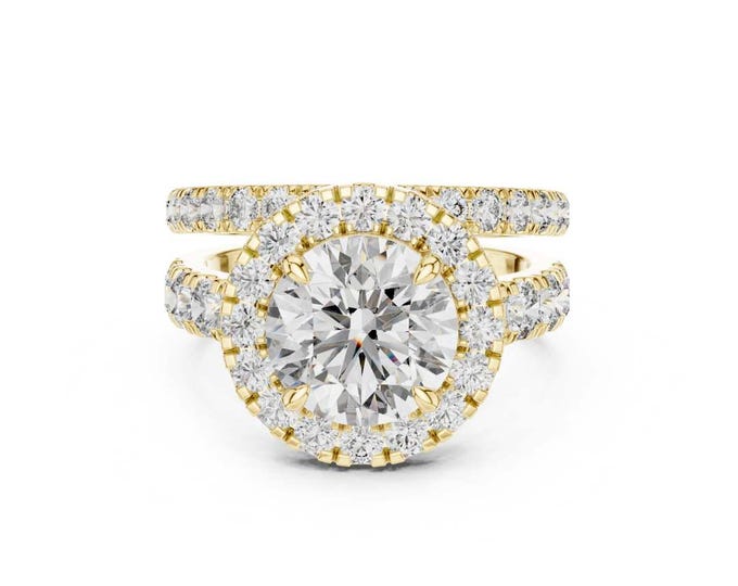 Double Band Round Halo Moissanite Engagement Ring Gold Pave Split Shank Ring Bold Statement Bridal Ring Sparkling Wedding Gift for Her