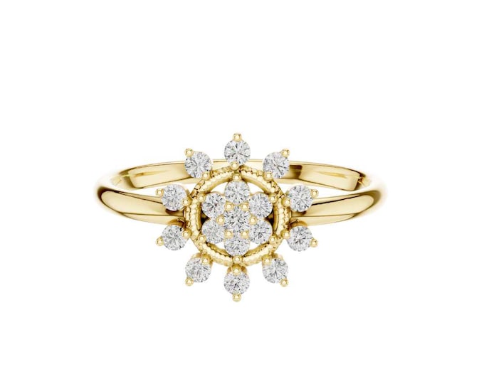 Elegant Gold Sunburst Diamond Cluster Ring Dainty Starburst Women’s Ring Unique Engagement Band Anniversary Promise Ring Fine Gold Jewelry