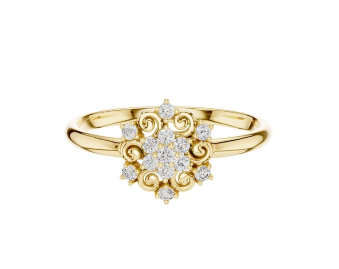 Elegant Vintage-Inspired 14K Yellow Gold Floral Diamond Cluster Ring with Intricate Swirl Detailing – Delicate and Timeless Engagement Ring
