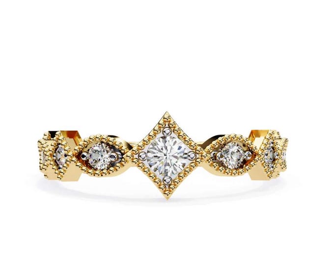 Wedding Gold Vintage Inspired Moissanite Ring with Round Cut Stones Art Deco Geometric Band Elegant Sparkling Jewelry Gift for Women