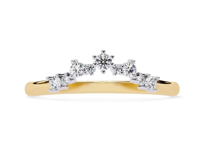 Round Diamond 0.25 TCW Tiara Crown Ring Gold Curved Wedding Band Dainty Stacking Anniversary Ring Unique Bridal Jewelry for Women