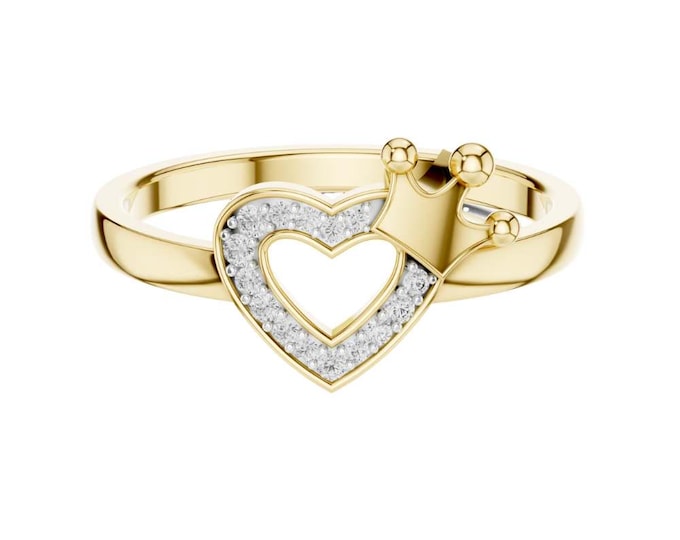 Gold Crown Heart Ring with Diamond Accents –Dainty Queen Ring, Promise Ring for Her, Royal Heart Jewelry in Gold, Silver & Rose Gold