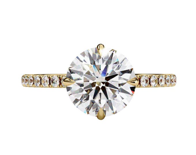 Sparkling Round Cut Moissanite Ring in Yellow Gold Classic Solitaire with Pave Band Elegant Bridal Jewelry Minimalist Anniversary Ring