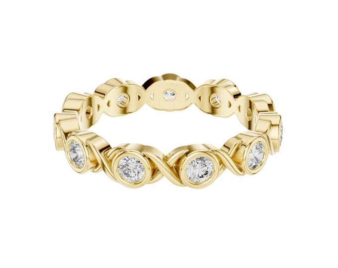 Gold Plated Eternity Band Featuring Bezel Set Round Clear Cubic Zirconia Stones Minimalist and Design Perfect for Stackable Fashion Ring