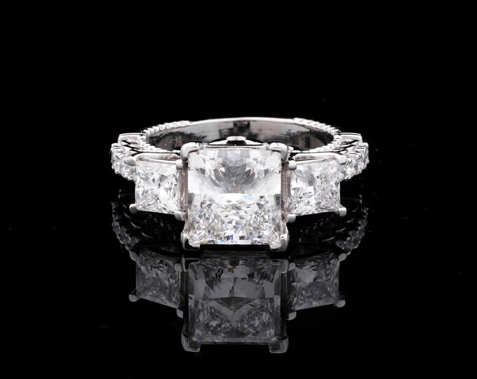 Princess Cut Three Stone Moissanite Ring with Diamond Accent Band in White Gold Elegant Bridal Jewelry Anniversary or Proposal Gift for Her