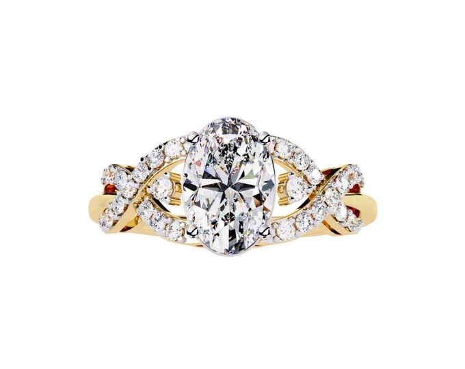 Elegant Gold Oval Cut Ring with Twisted Diamond Band 1.80 TCW Unique Bridal Ring Luxury Wedding Jewelry Gift for Beautiful Women
