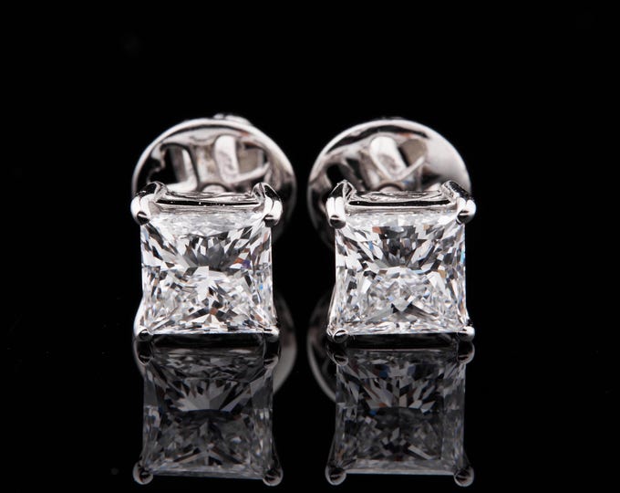 2 CT Princess Cut Button Prong Moissanite 14k Solid White Gold Diamond Earring Studs Earrings Wedding Anniversary Gift For Her.