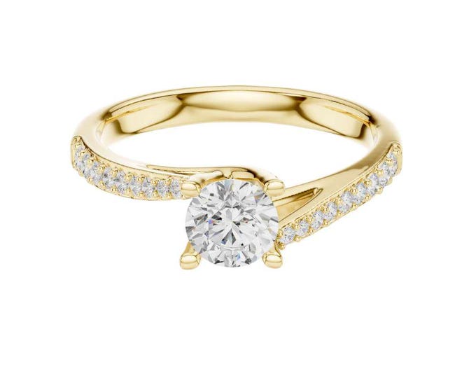 Round Cut Solitaire Moissanite Diamond Ring with Pave Band Dainty Proposal Ring Unique Handmade Bridal Jewelry Classic Anniversary Ring