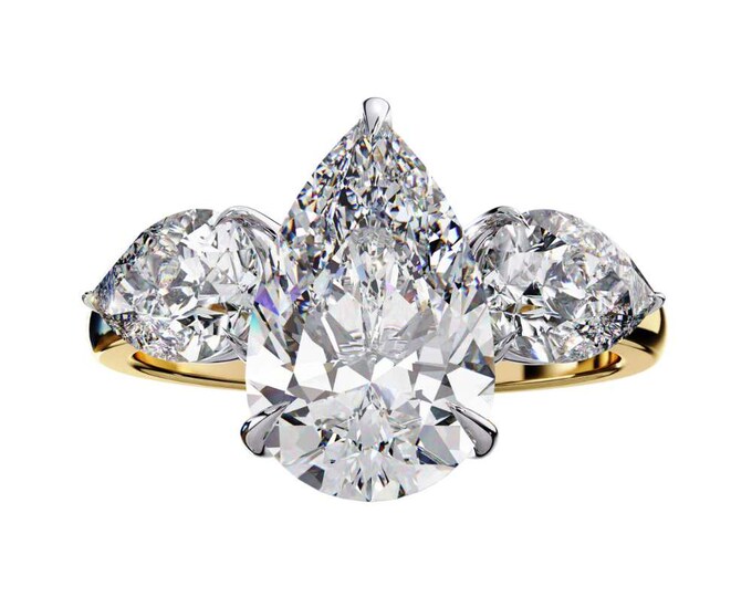 Exquisite Three Stone 2.97 TCW Diamond Ring Pear Cut Center Diamond with Matching Pear Shaped Side Diamonds Sparkling Luxury Bridal Ring