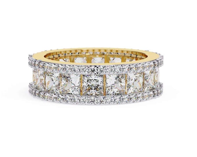 3.54 TCW Princess Cut Yellow Gold Diamond Eternity Wide Sparkling Wedding Ring Luxury Full Circle Diamond Band Statement Bridal Gift