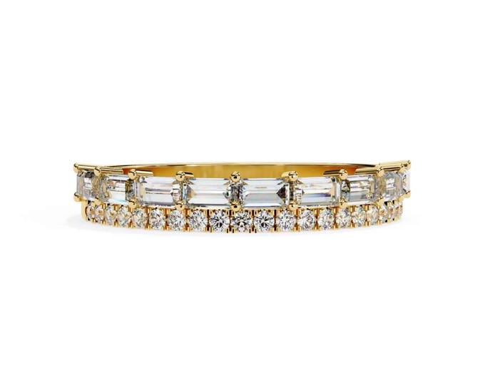 Eternity Ring with Baguette and Round Cut Stones Luxurious Vintage Inspired Stacking Band Elegant Sparkling Gold Jewelry Gift for Women