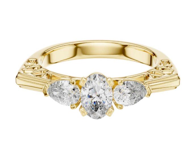 Shiny Oval Cut Moissanite Wedding Ring Three Stone Pear Side Stones 18K Yellow Gold Vintage Inspired Ring Unique Bridal Jewelry Gift for Her