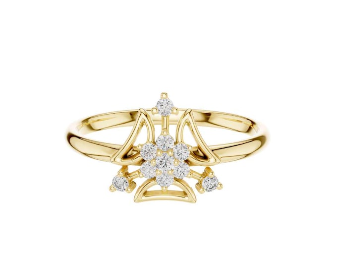 Elegant Gold Floral Diamond Cluster Ring Unique Artistic Flower Design Ring Dainty Women’s Promise Band Anniversary Engagement Ring