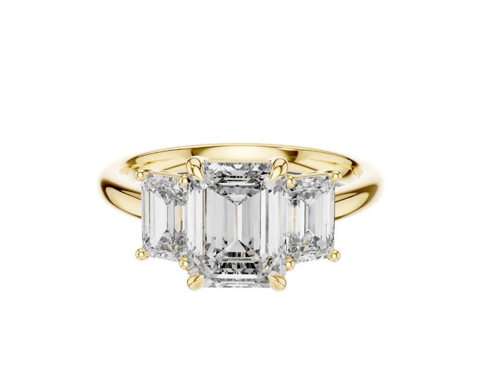 Luxury Emerald Cut Three Stone Moissanite Engagement Ring in Gold Classic Anniversary Ring Timeless Bridal Jewelry Elegant Statement Piece