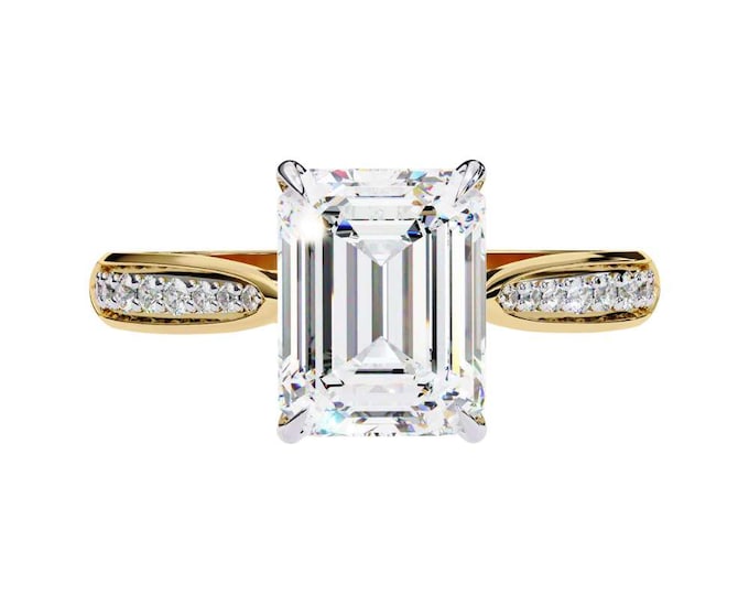 Inspired Step Cut Solitaire Ring Elegant Distinctive  Emerald Cut Moissanite Engagement Ring with Diamond Accent Band Vintage Gift for Women