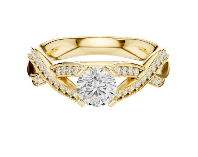 Fantastic 0.71 TCW Round Cut Solitaire Diamond with Twisted Pave Band Unique Elegant Bridal Set Ring Modern Statement Proposal Jewelry