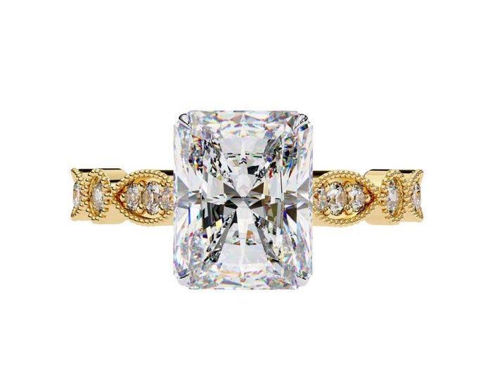 Radiant Cut Moissanite Engagement Ring 14K Yellow Gold Vintage-Inspired Band Antique Style Solitaire Ring Unique Handmade Ring for Her