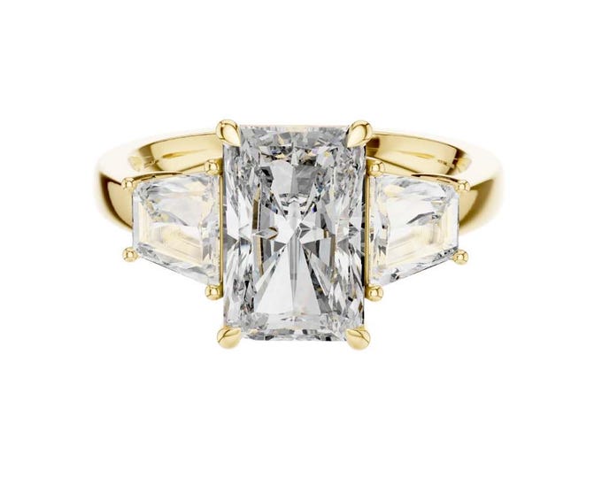 4.4 CT Radiant Cut Three Stone Engagement Ring with Trapezoid Side Stones Classic Solitaire Diamond Ring Luxury Bridal ring Anniversary Gift