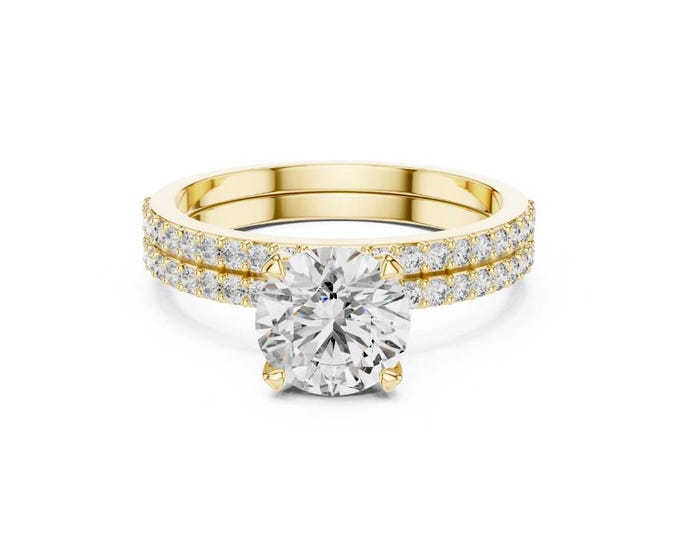 High Quality Round Solitaire Moissanite Engagement Ring Gold Double Band Pave Setting Classic Elegant Bridal Ring Wedding Proposal Gift
